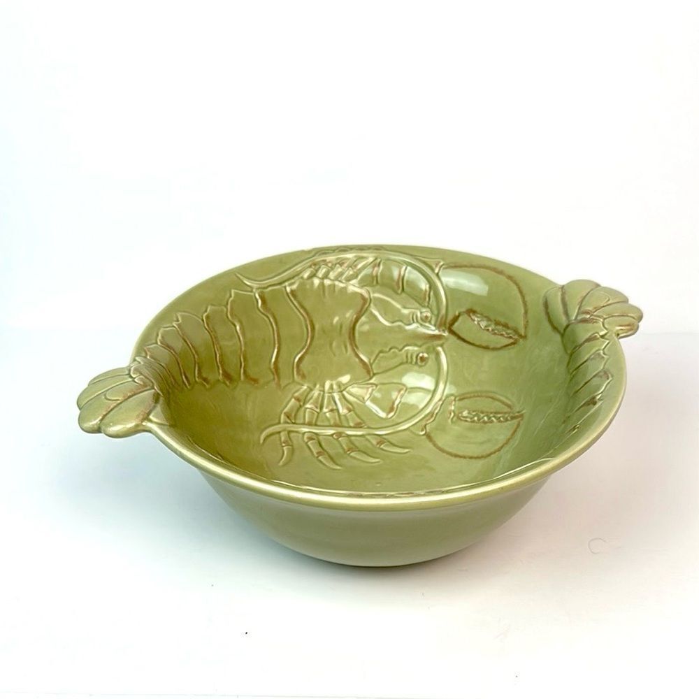 Magenta Pottery Handle Serving Salad Bowl Lobster Design Ceramic Olive Green